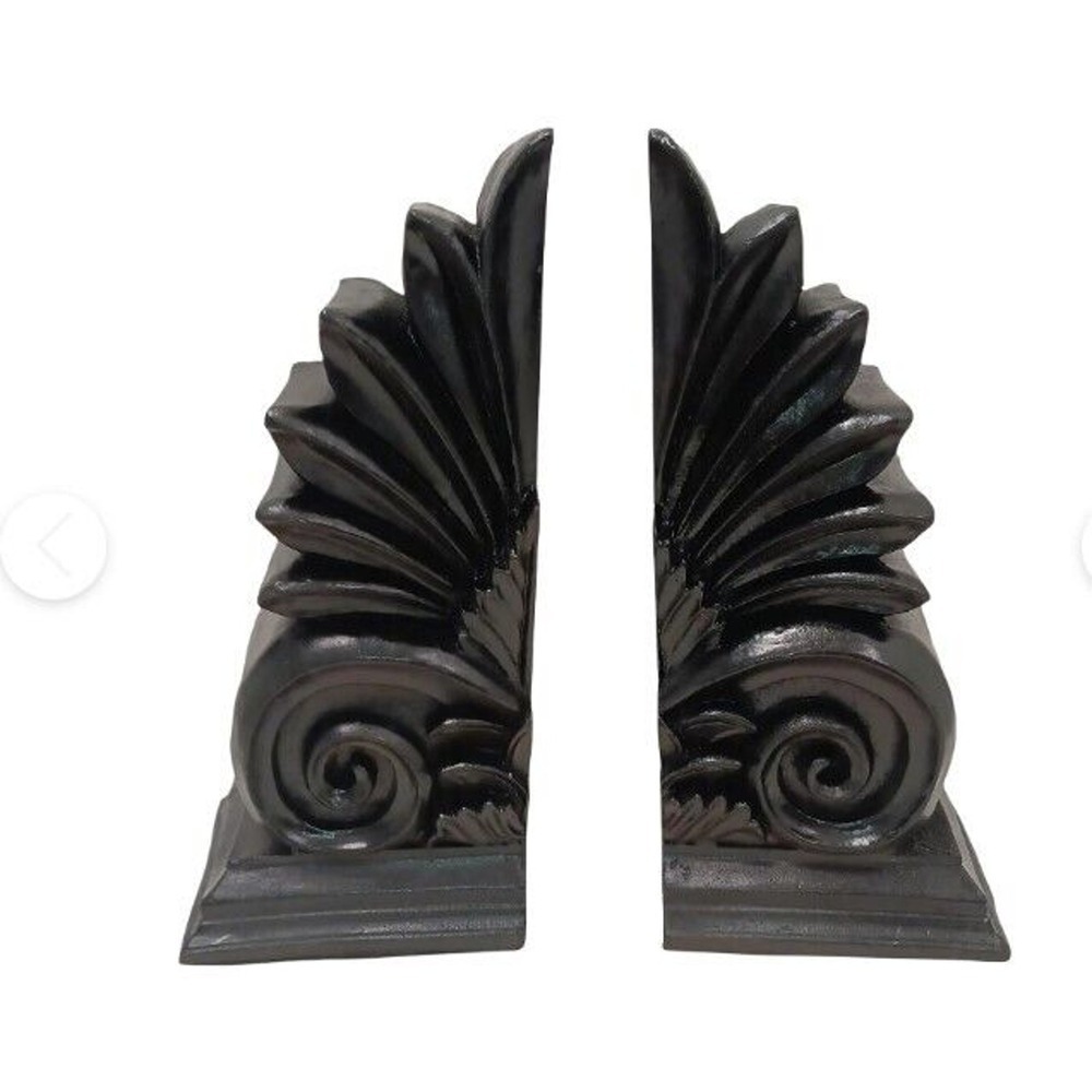 Vintage Exotic Black Wood Bookends Scroll Fleur Set Pair Traditional Academia